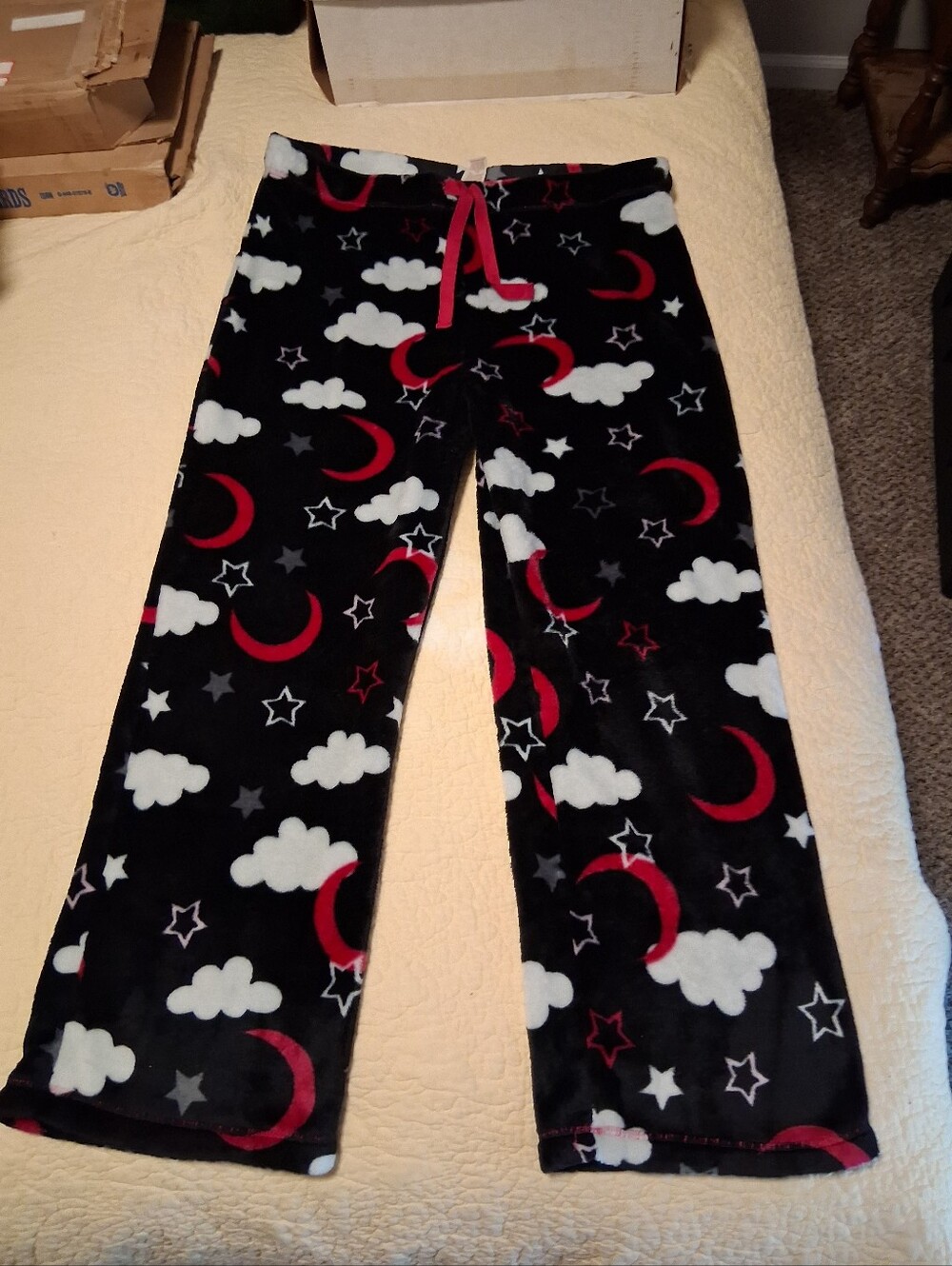 Women's Black Fleece Pajama Pants with Red Moon & White Cloud Print
